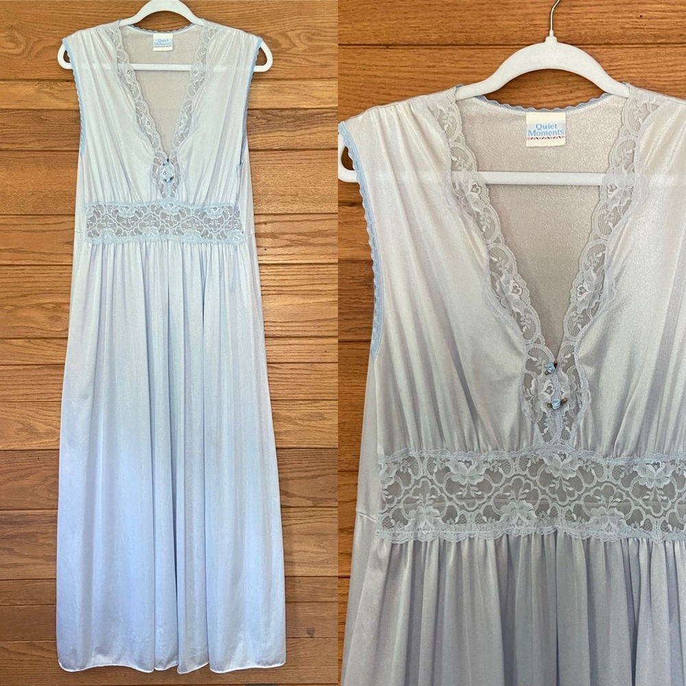 Vintage 80s Quiet Moments blue lace trim rose floral detail maxi slip dress